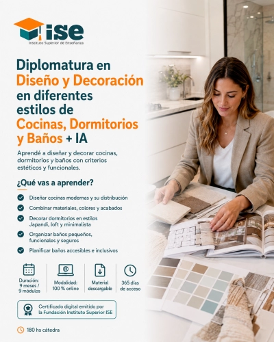 Diplomatura en Diseño y Decoración en diferentes estilos de Cocinas, Dormitorios y Baños + IA